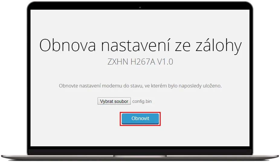 Stránka ‚Obnova nastavení ze zálohy‘ ve webové správě routeru O2 s vybraným souborem config.bin a tlačítkem ‚Obnovit‘.