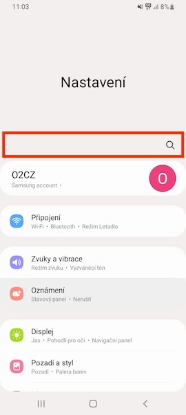 Vyhledávač v nastavení