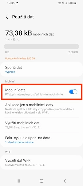 Mobilní data přepínač