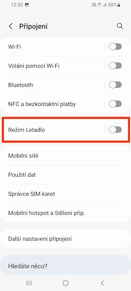 Klepněte na režim letadlo