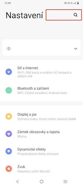 Vyhledávač v nastavení