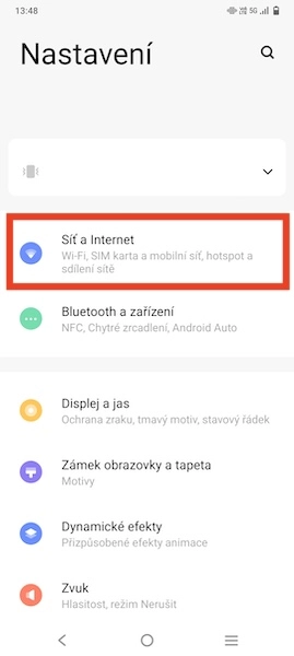 Označená sekce Připojení