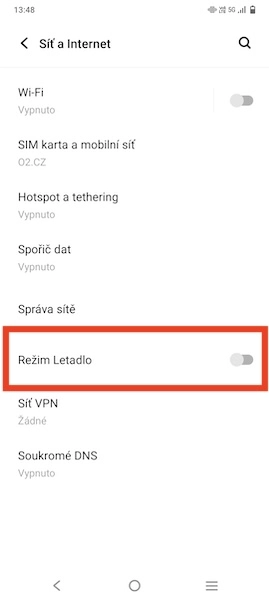 Klepněte na režim letadlo
