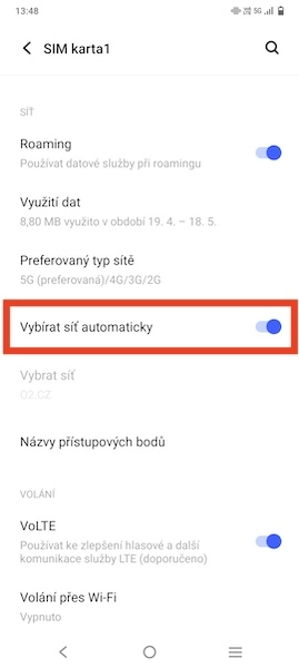 Výběr síťového operátora