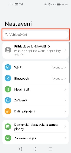 Vyhledávač v nastavení