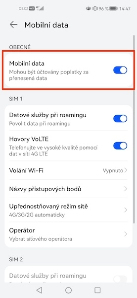 Mobilní data přepínač