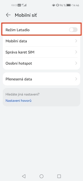 Klepněte na režim letadlo