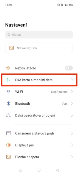 Označená sekce Připojení