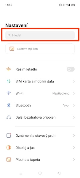 Vyhledávač v nastavení
