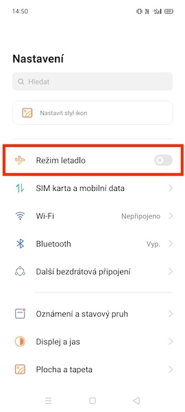 Klepněte na režim letadlo