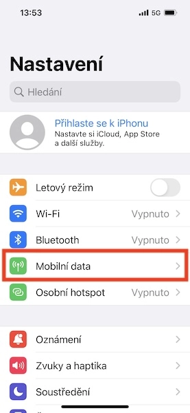 Označená sekce Mobilní data
