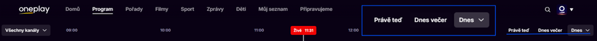Navigace mezi dny v tv programu na Oneplay
