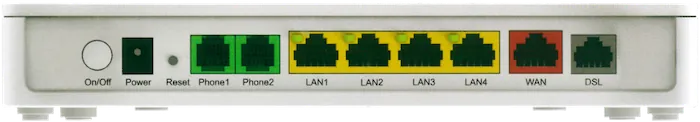 Zadní panel routeru s tlačítkem zapnutí, resetem, porty pro telefon, čtyřmi LAN porty, WAN a DSL konektorem