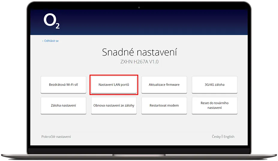 Rozhraní webové správy routeru O2 se stránkou ‚Snadné nastavení‘ a zvýrazněnou volbou ‚Nastavení LAN portů‘