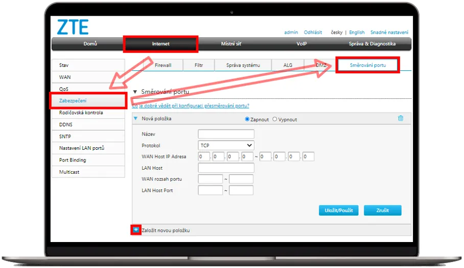 Navigace v administraci routeru ZTE do sekce Zabezpečení, Směrování portů