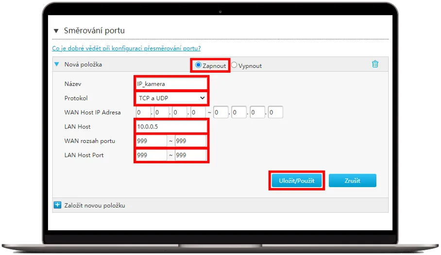 Nastavení přesměrování portů v administraci routeru s vyplněnými poli pro IP kameru a porty