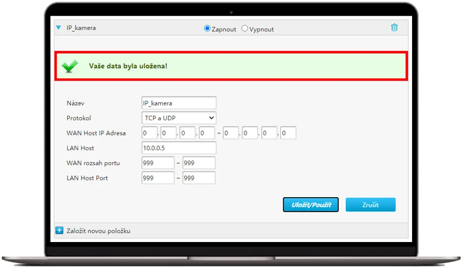 Potvrzení úspěšného uložení nastavení přesměrování portů pro IP kameru v administraci routeru.