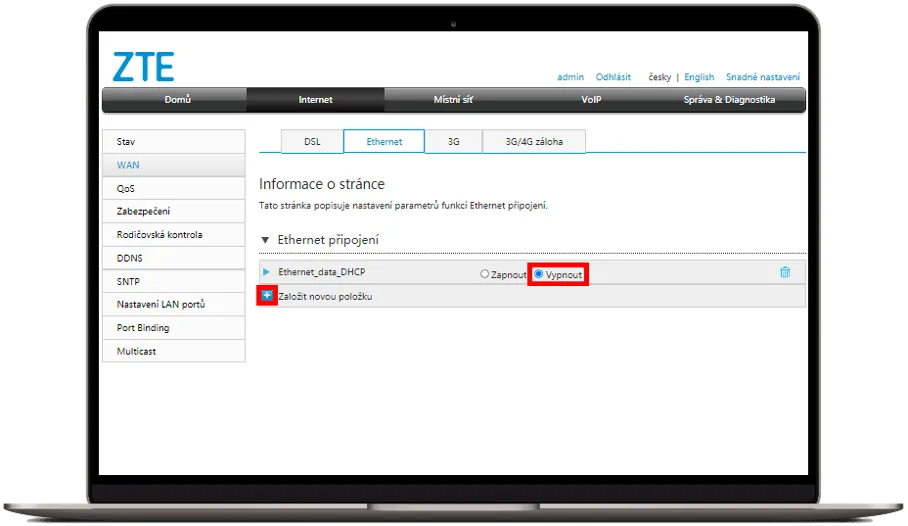 Vypnutí stávajícího Ethernet připojení a kliknutí na tlačítko Založit novou položku v rozhraní ZTE