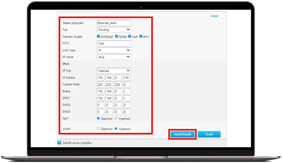 Vyplnění parametrů pro statickou IP adresu v rozhraní ZTE a potvrzení tlačítkem Uložit/Použít