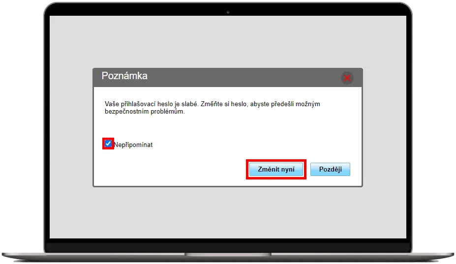 Zaškrtnuté políčko Nepřipomínat a tlačítko Změnit nyní