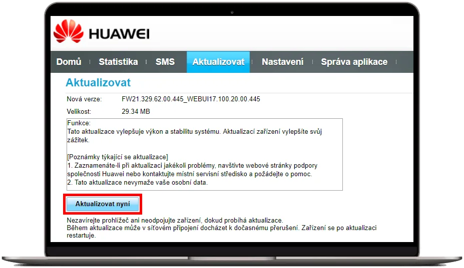 Tlačítko Aktualizovat nyní