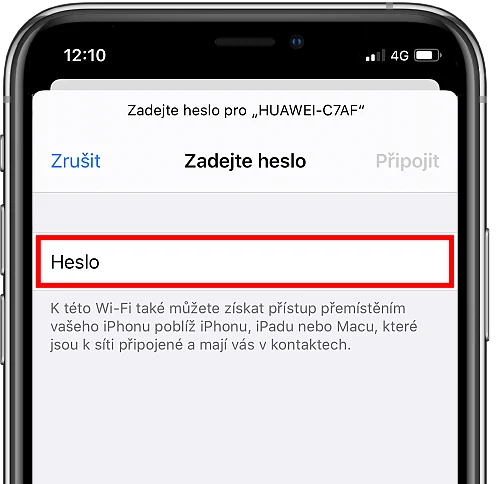 Zadání hesla k Wi-Fi