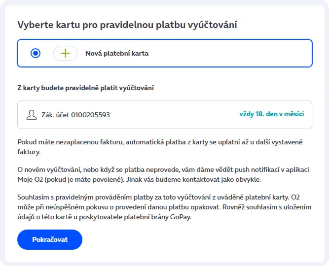 Výběr karty pro platbu