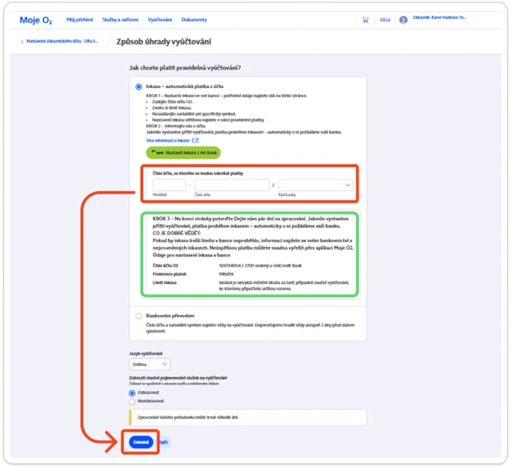 způsob úhrady vyúčtování