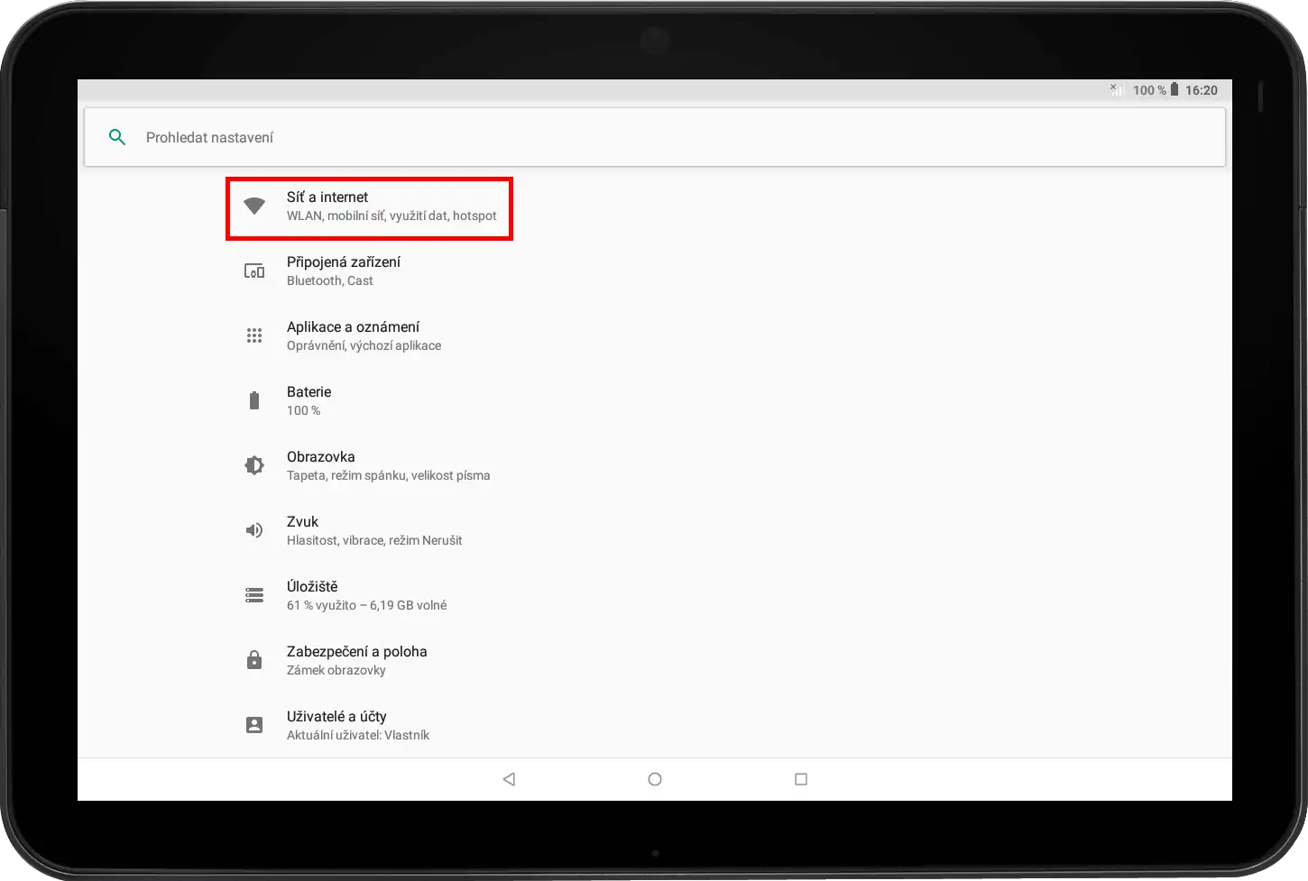 Možnost Síť a internet