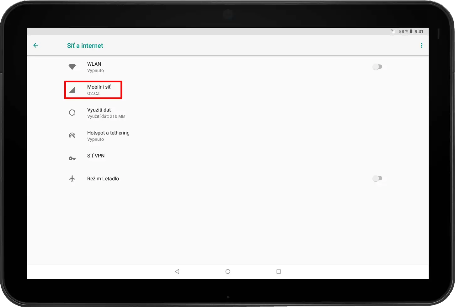 Možnost Mobilní síť