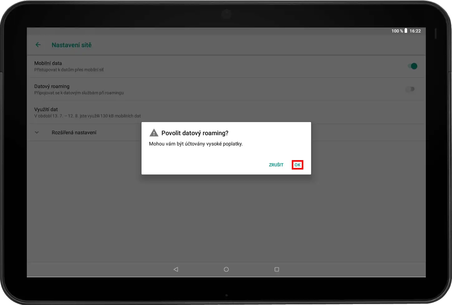 Potvrzení zapnutí datového roamingu