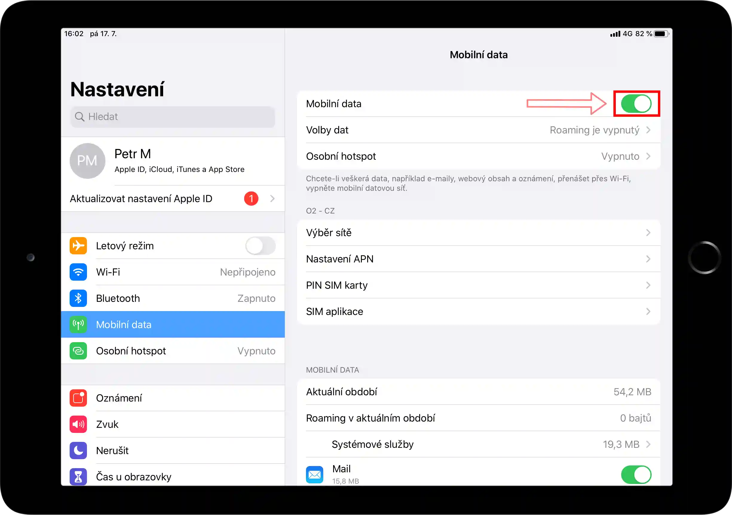 Zelené tlačítko mobilní data