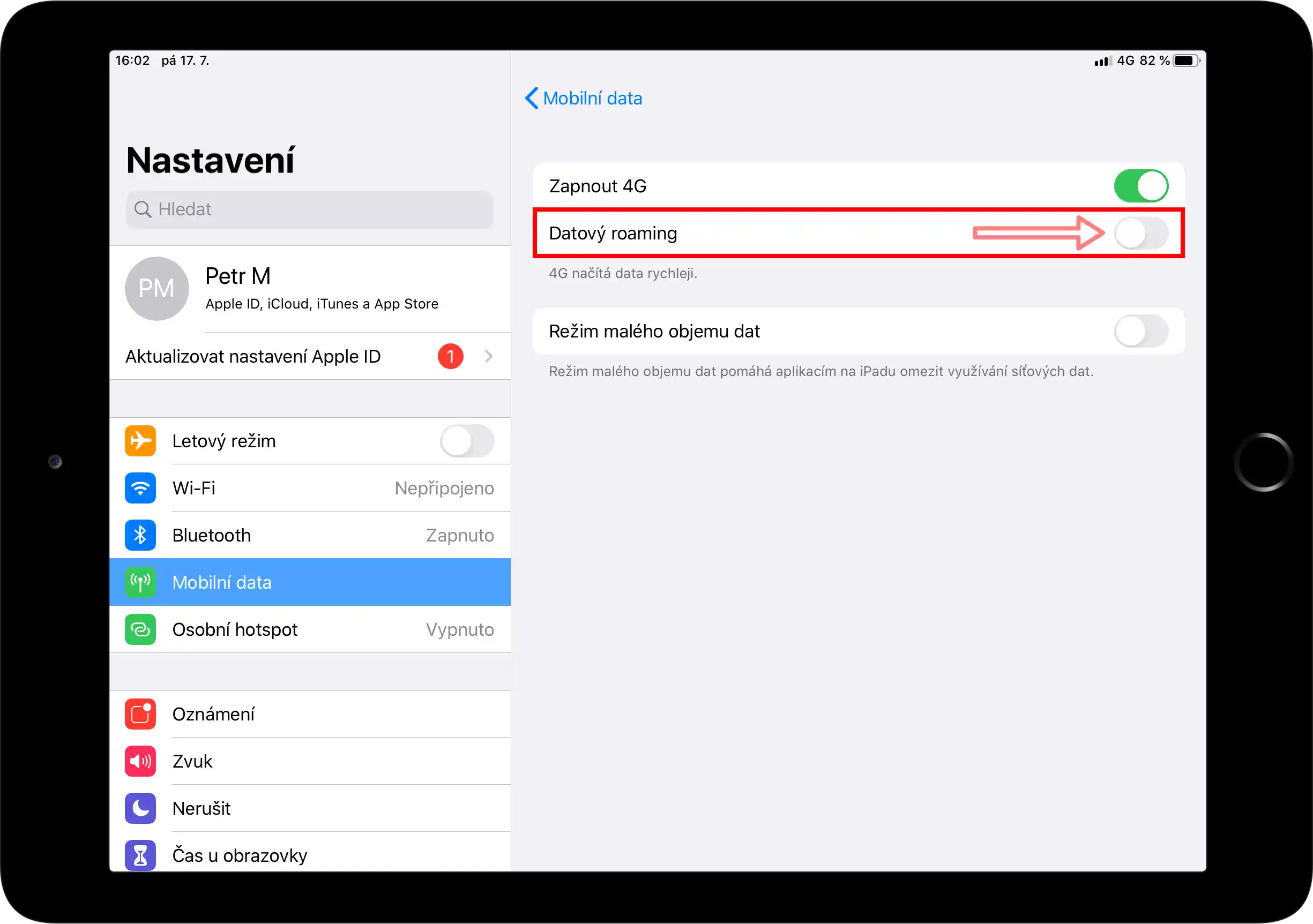 Zapnutí datového roamingu