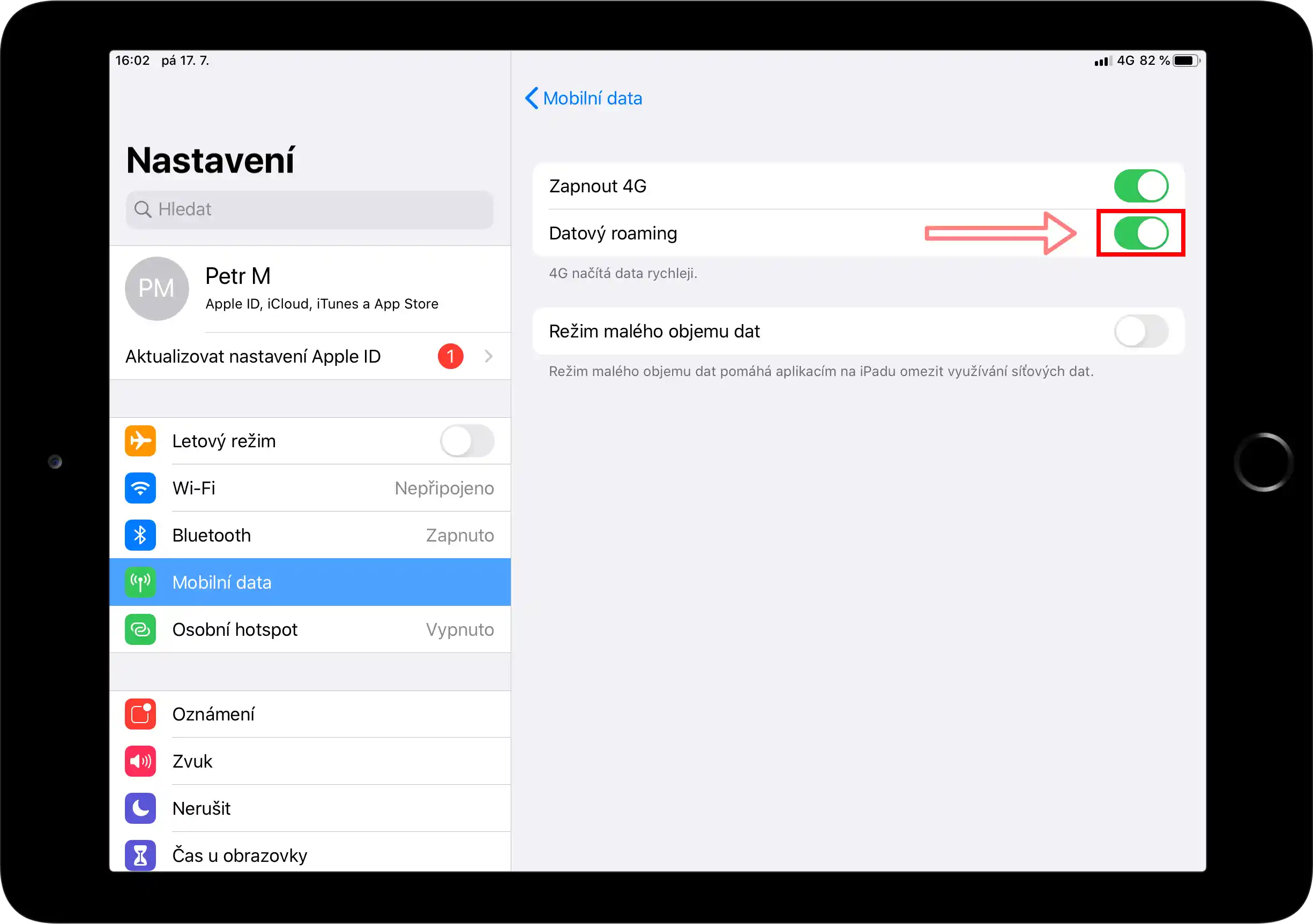 Zelené tlačítko pro datový roaming