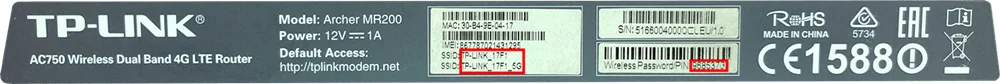 Údaje o Wi-Fi na spodní straně modemu TP-Link Archer MR200