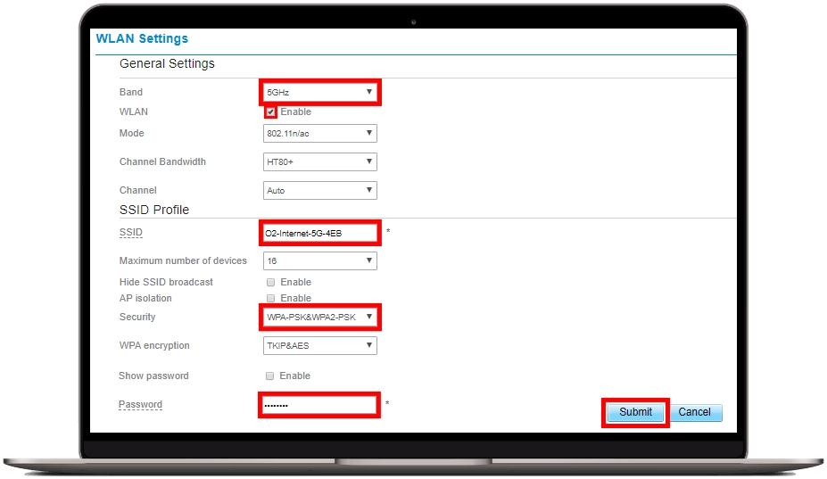 Nastavení a tlačítko Submit