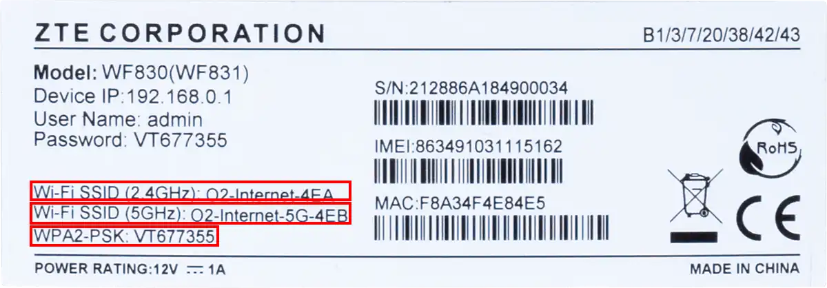 Informace na zadní straně modemu