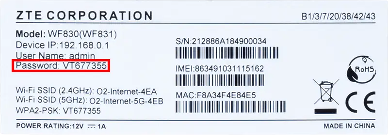 Zadní strana modemu s údaji