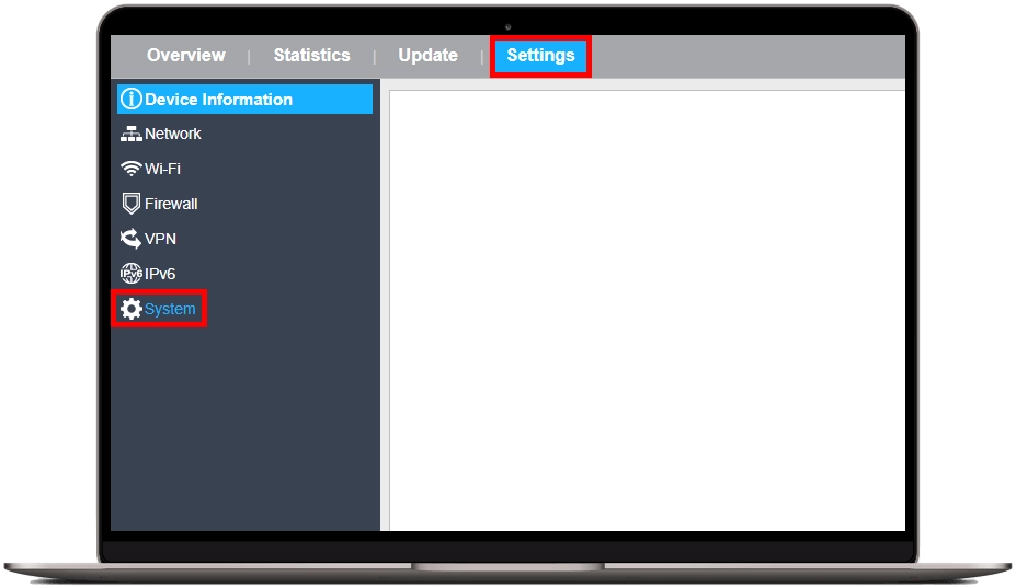 Tlačítko Settings a možnost System