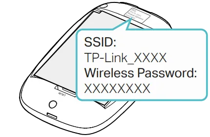 Nákres umístění štítku s výchozím názvem Wi-Fi (SSID) a heslem pod zadním krytem routeru TP-Link
