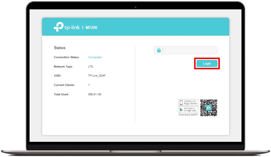 Přihlašovací obrazovka routeru TP-Link M7200 s přehledem stavu sítě a zvýrazněným tlačítkem Login