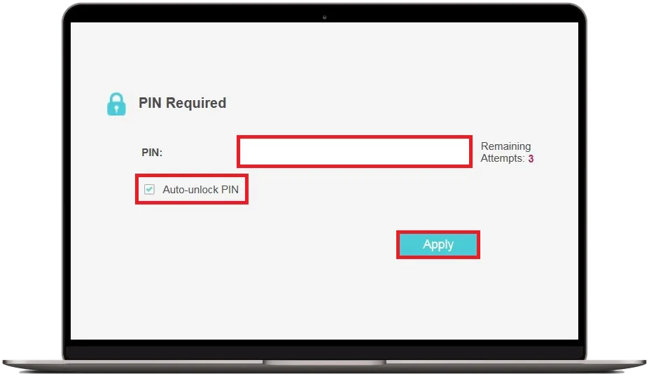Zadání PIN kódu k SIM kartě v nastavení routeru TP-Link se zaškrtnutou volbou Auto-unlock PIN a potvrzením tlačítkem Apply