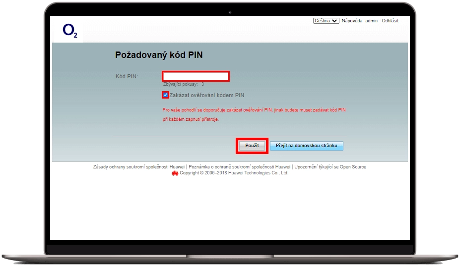 zadání PIN kódu SIM karty