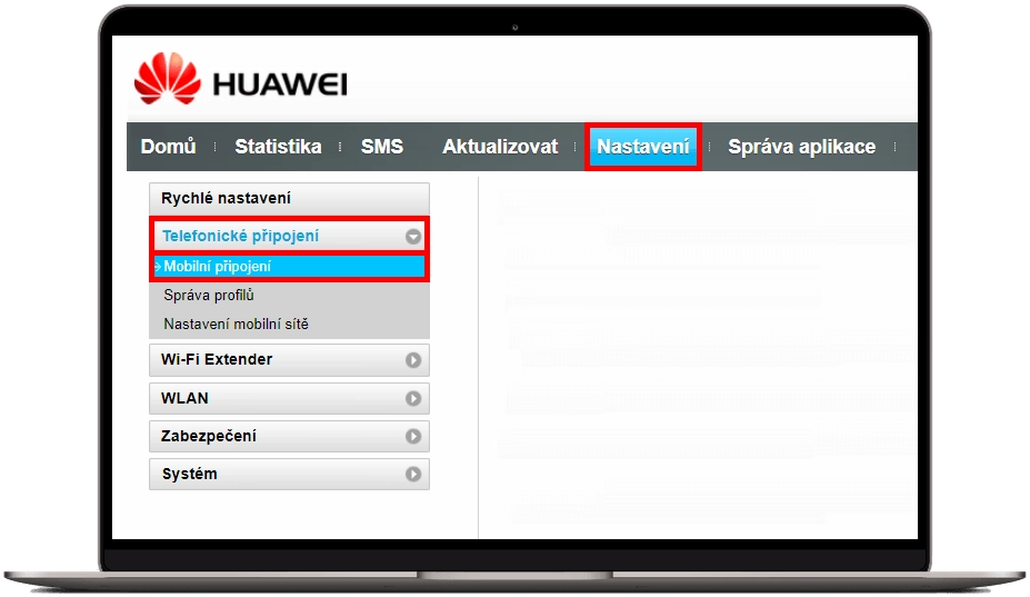 cesta do nastavení mobilního připojení