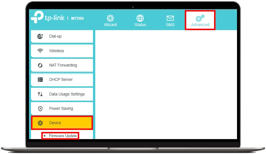 Navigace k aktualizaci firmwaru v menu TP-Link M7200: výběr záložky Advanced, položky Device a následně Firmware Update