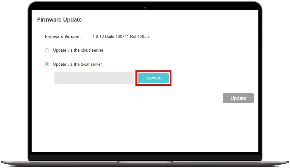 Kliknutí na tlačítko Browse pro výběr staženého souboru s firmwarem z disku počítače