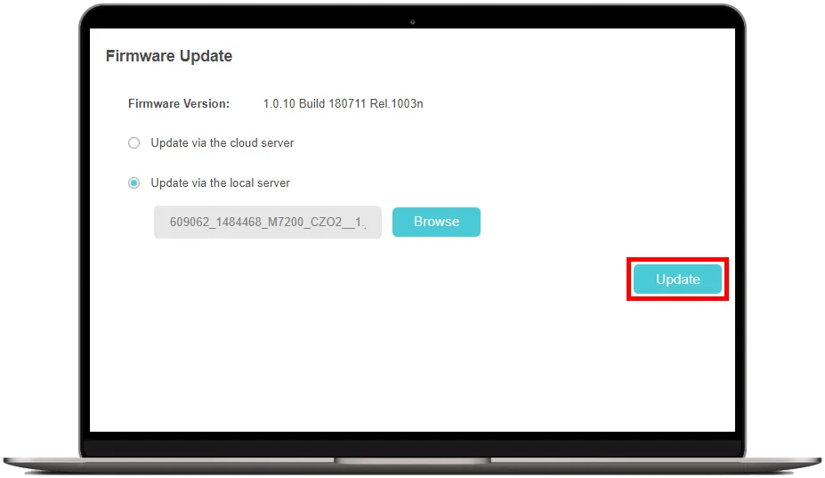 Potvrzení a spuštění instalace nového firmwaru v administraci TP-Link M7200 kliknutím na tlačítko Update