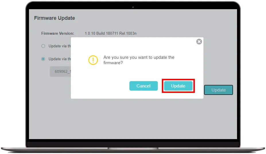 Potvrzení dialogového okna 'Are you sure you want to update the firmware?' kliknutím na tlačítko Update pro spuštění procesu
