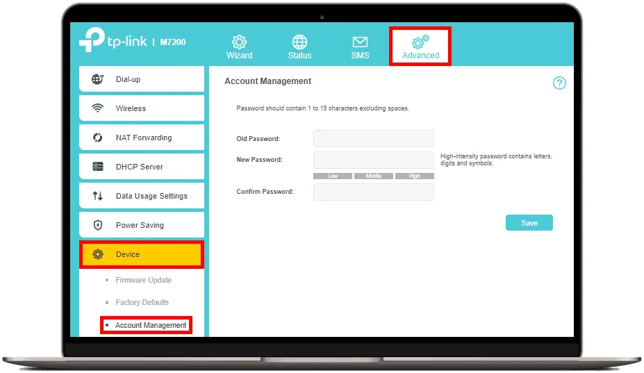Navigace ke změně hesla v menu TP-Link M7200: cesta přes Advanced, položku Device a následně Account Management