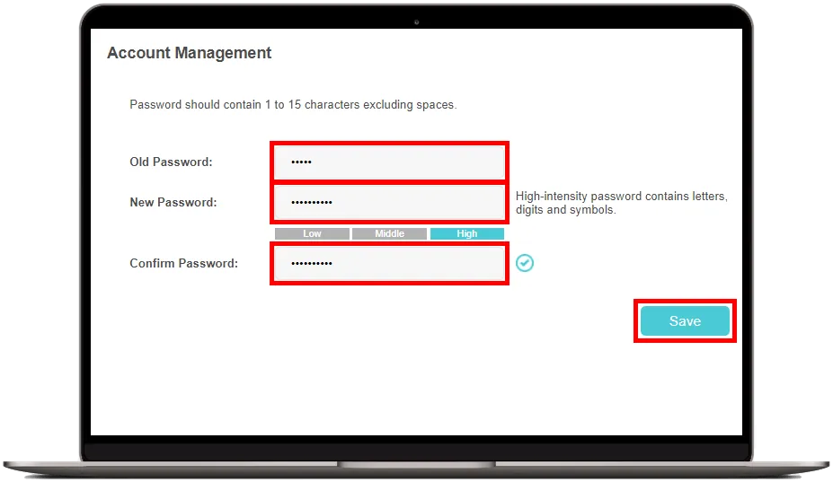Vyplnění starého a nového administrátorského hesla v sekci Account Management a potvrzení tlačítkem Save